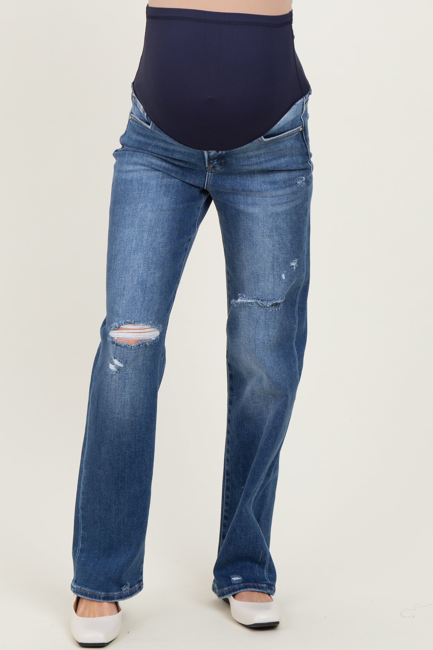 Navy Distressed Open Knee Straight Leg Maternity Jeans