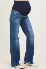 Navy Distressed Open Knee Straight Leg Maternity Jeans