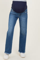 Navy Distressed Fringe Hem Wide Leg Maternity Jeans