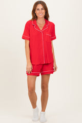 Red Short Sleeve Button Down Shirt Shorts Maternity Set