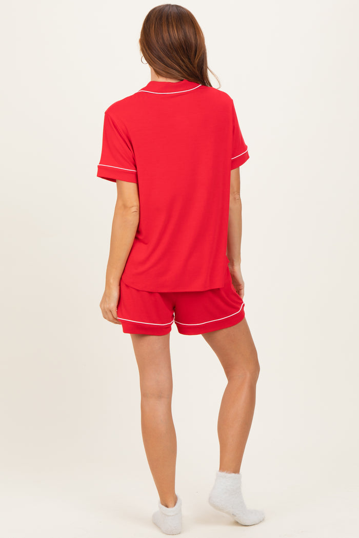Red Short Sleeve Button Down Shirt Shorts Set