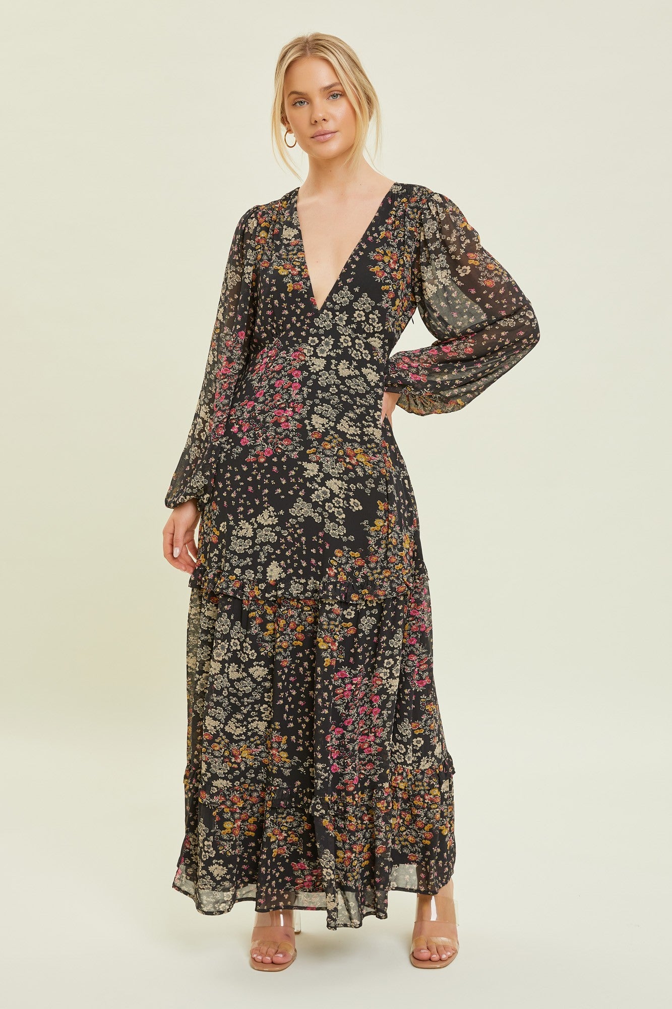 Black Floral Chiffon V-Neck Long Sleeve Maternity Maxi Dress