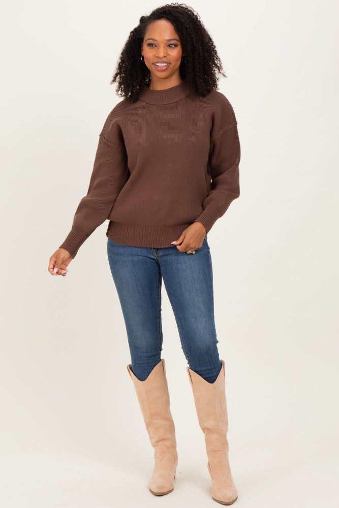 Brown Wide Neck Drop Shoulder Sweater