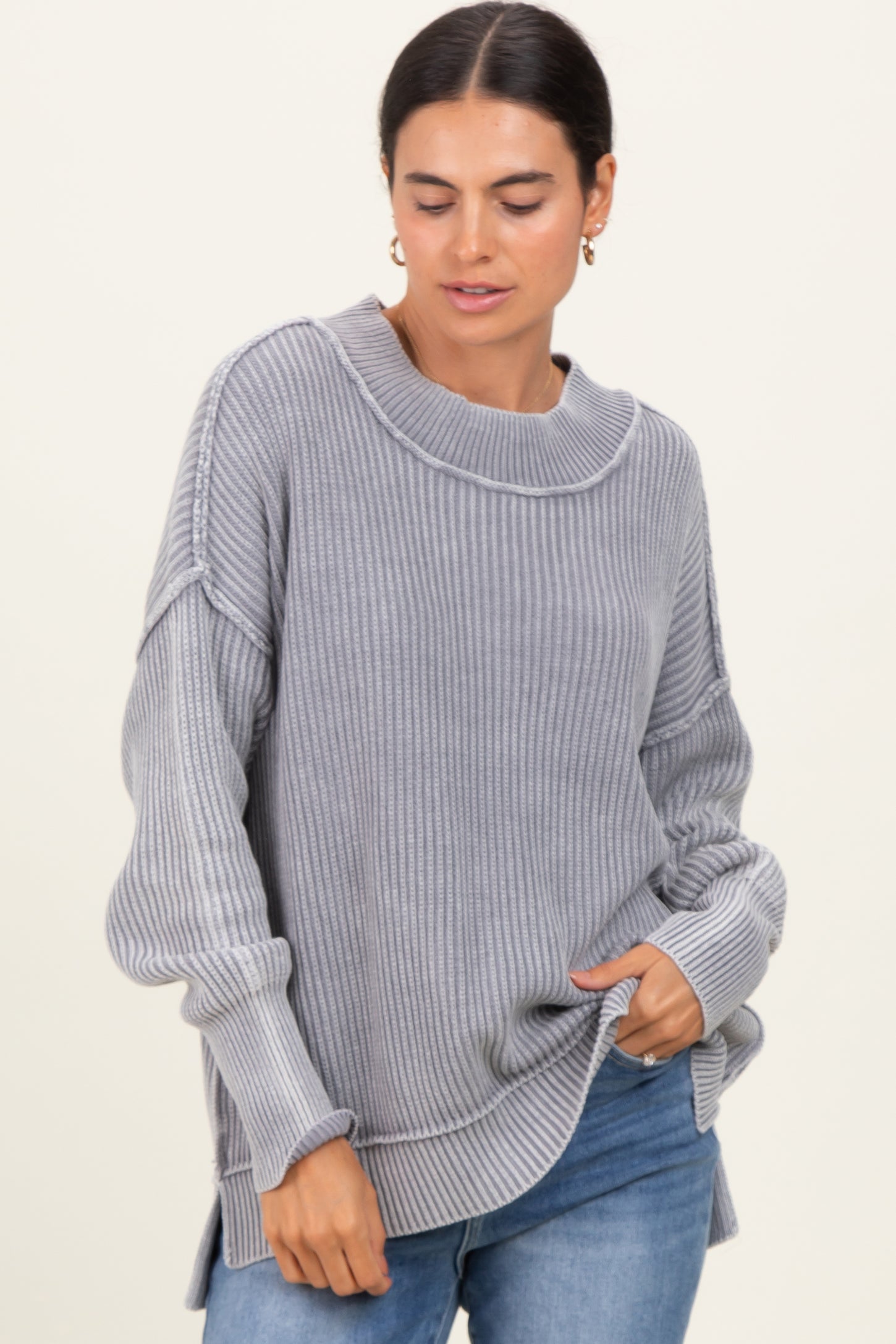 Grey Washed Side Slit Oversized Sweater
