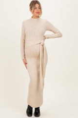 Cream Ribbed Front Tie Maternity Maxi Sweater Dress