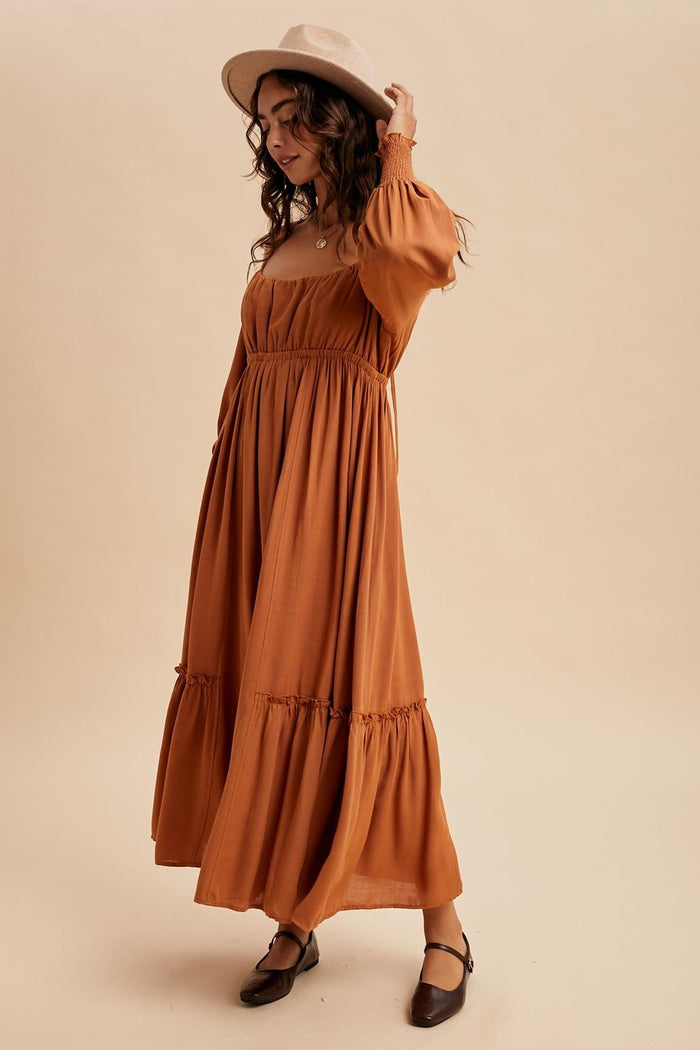 Rust Square Neckline Bubble Sleeve Maxi Dress