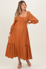 Rust Square Neckline Bubble Sleeve Maternity Maxi Dress