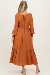 Rust Square Neckline Bubble Sleeve Maternity Maxi Dress
