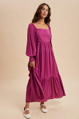 Magenta Pleated Bodice Long Sleeve Maternity Maxi Dress
