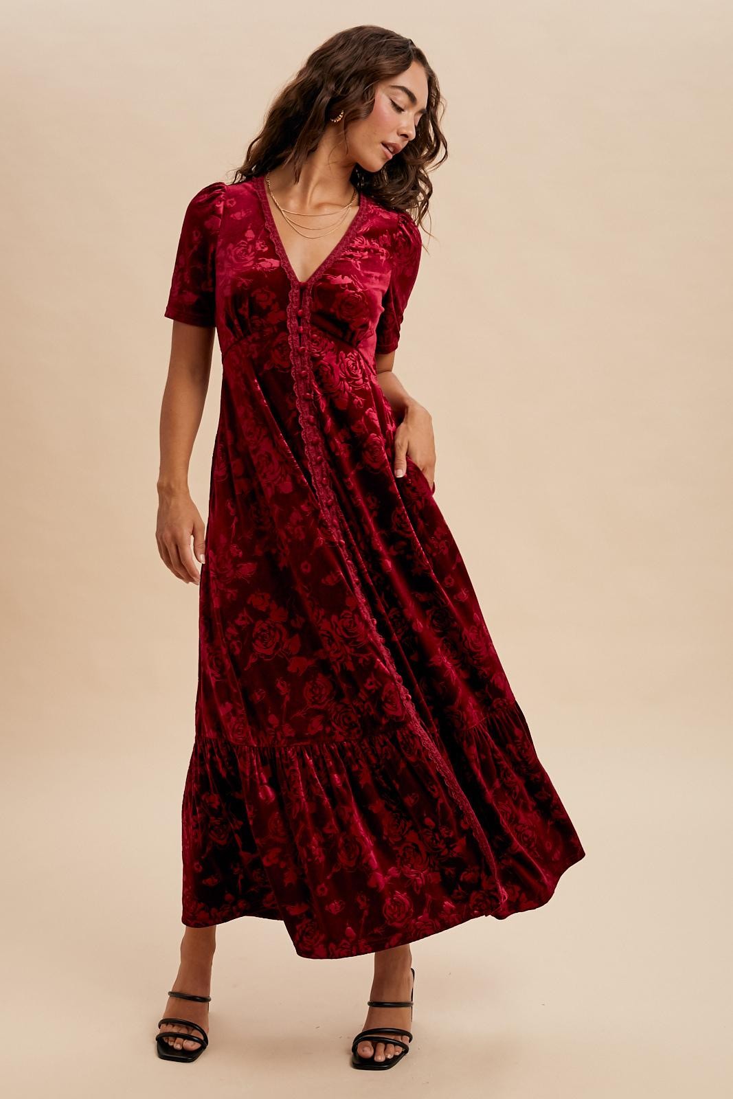 Burgundy Velvet Floral Button Down Maternity Maxi Dress