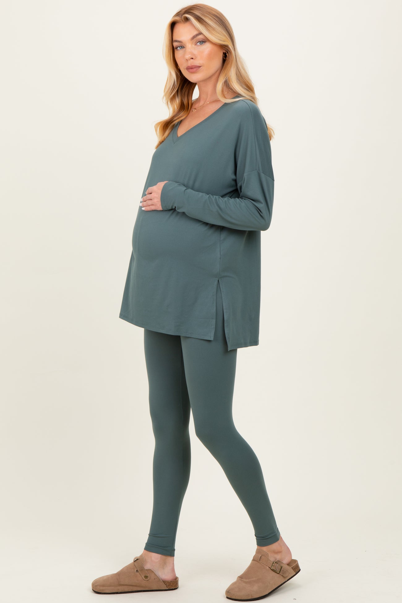 Olive Brushed Knit Maternity Oversized Top and Legging Set