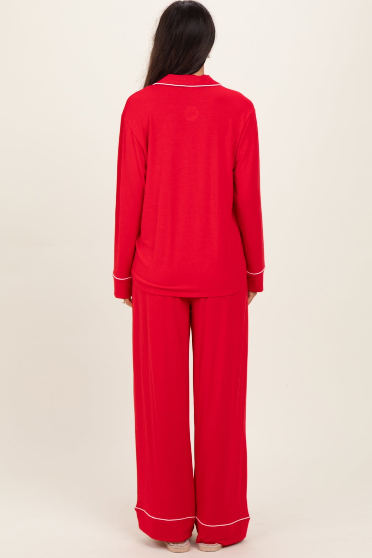 Red Button Down Top Wide Leg Pant Pajama Set