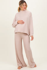 Beige Textured Rib Mock Neck Long Sleeve Pants Maternity Set