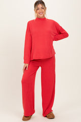 Red Textured Rib Mock Neck Long Sleeve Pants Maternity Set