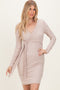 Beige Ribbed Long Sleeve V-Neck Wrap Midi Dress
