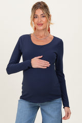Navy Ribbed Long Sleeve Lettuce Trim Maternity Top