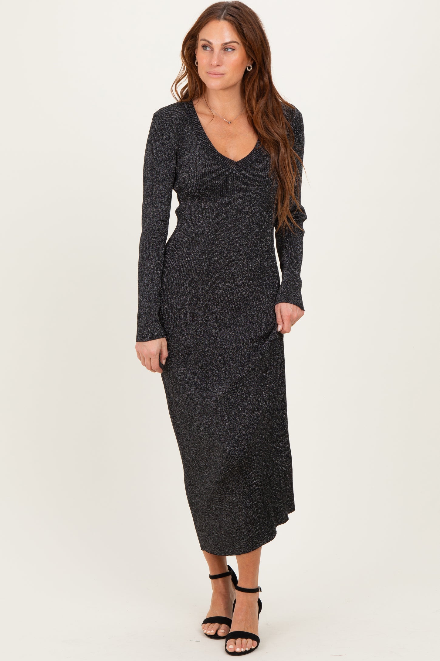 Black Shimmer Ribbed Knit Maxi Dress