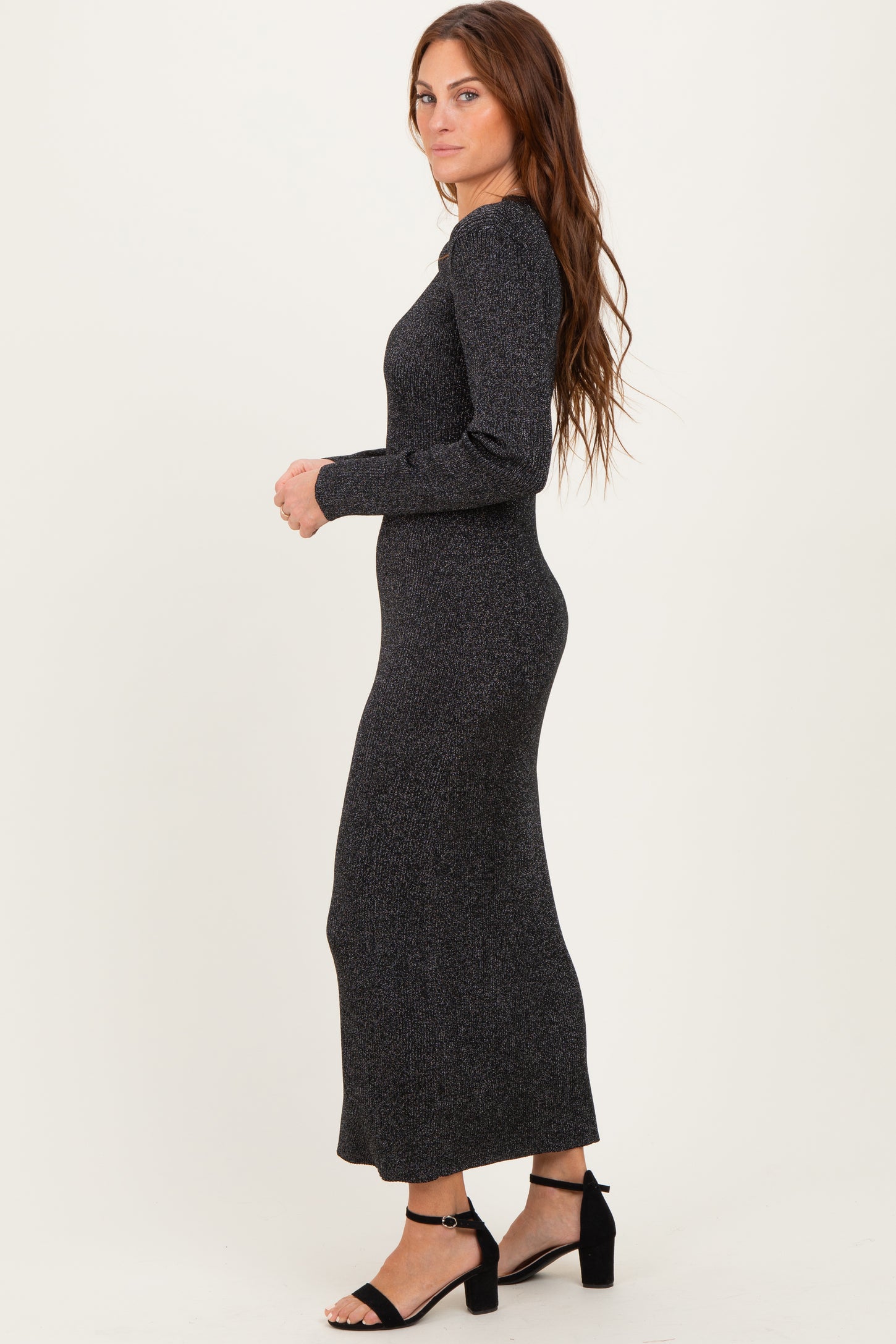 Black Shimmer Ribbed Knit Maxi Dress