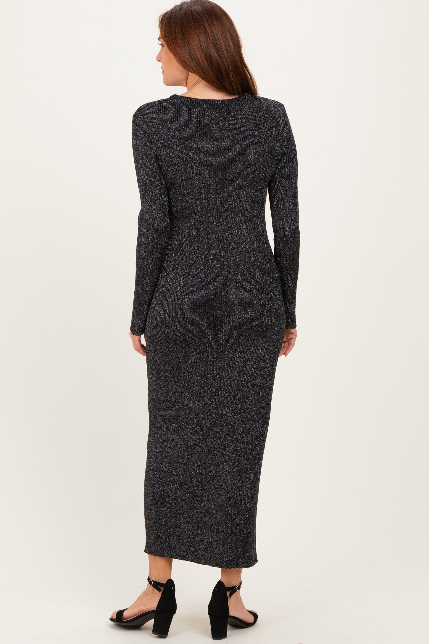 Black Shimmer Ribbed Knit Maxi Dress