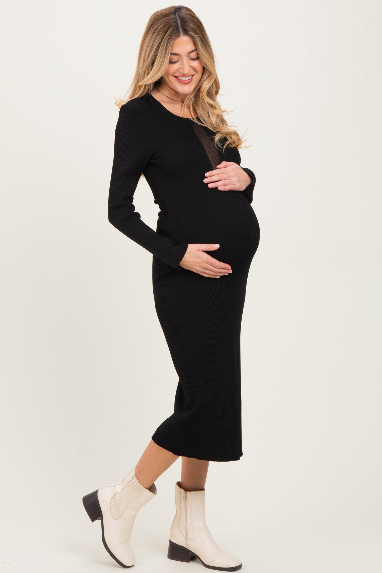 Black Fitted Mesh Cutout Maternity Dress