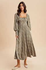 Light Olive Smocked Ruffled Floral Maxi Dress