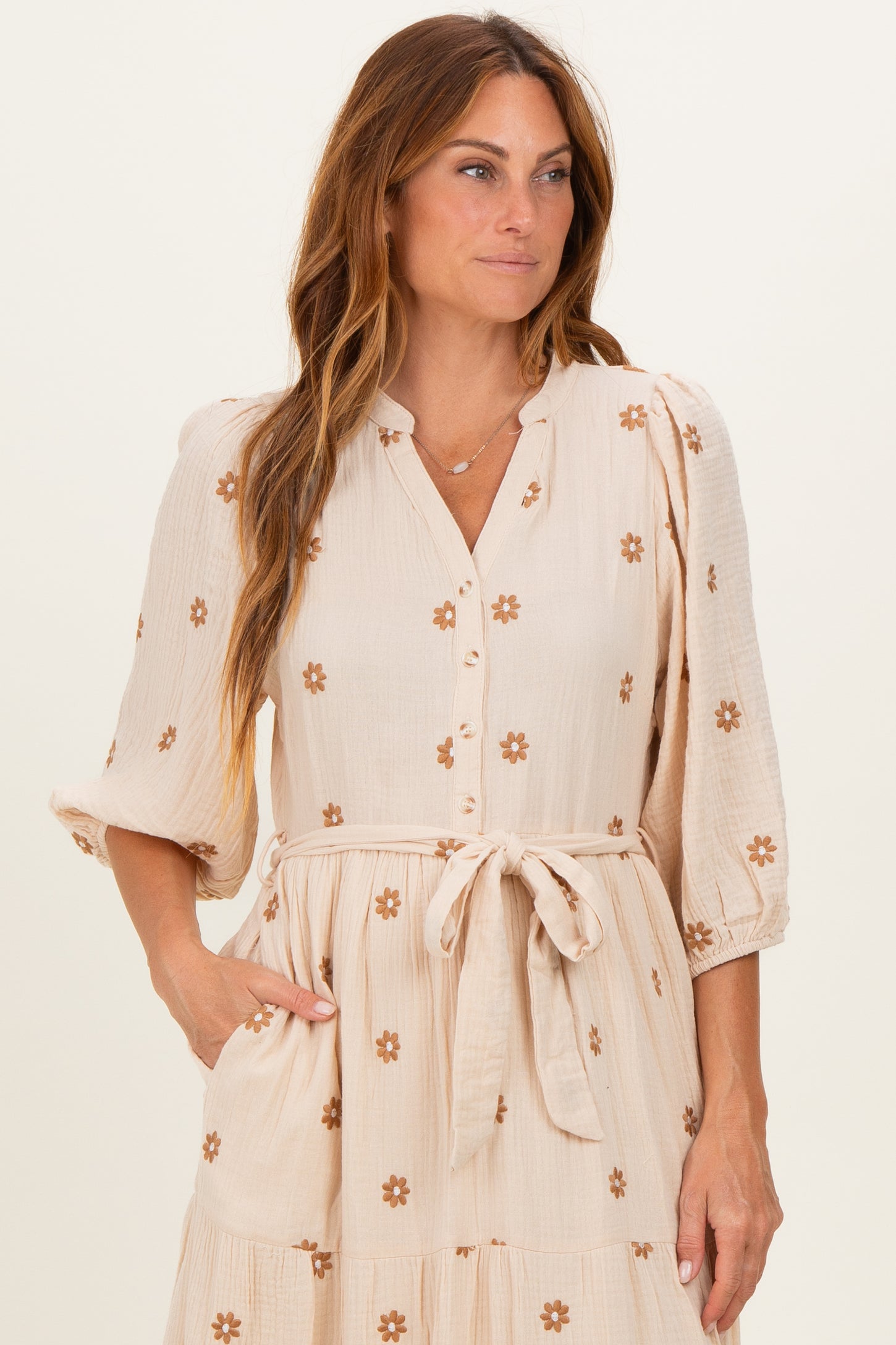 Brown Floral Cotton Gauze Tiered Midi Dress