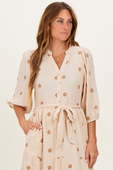Brown Floral Cotton Gauze Tiered Midi Dress