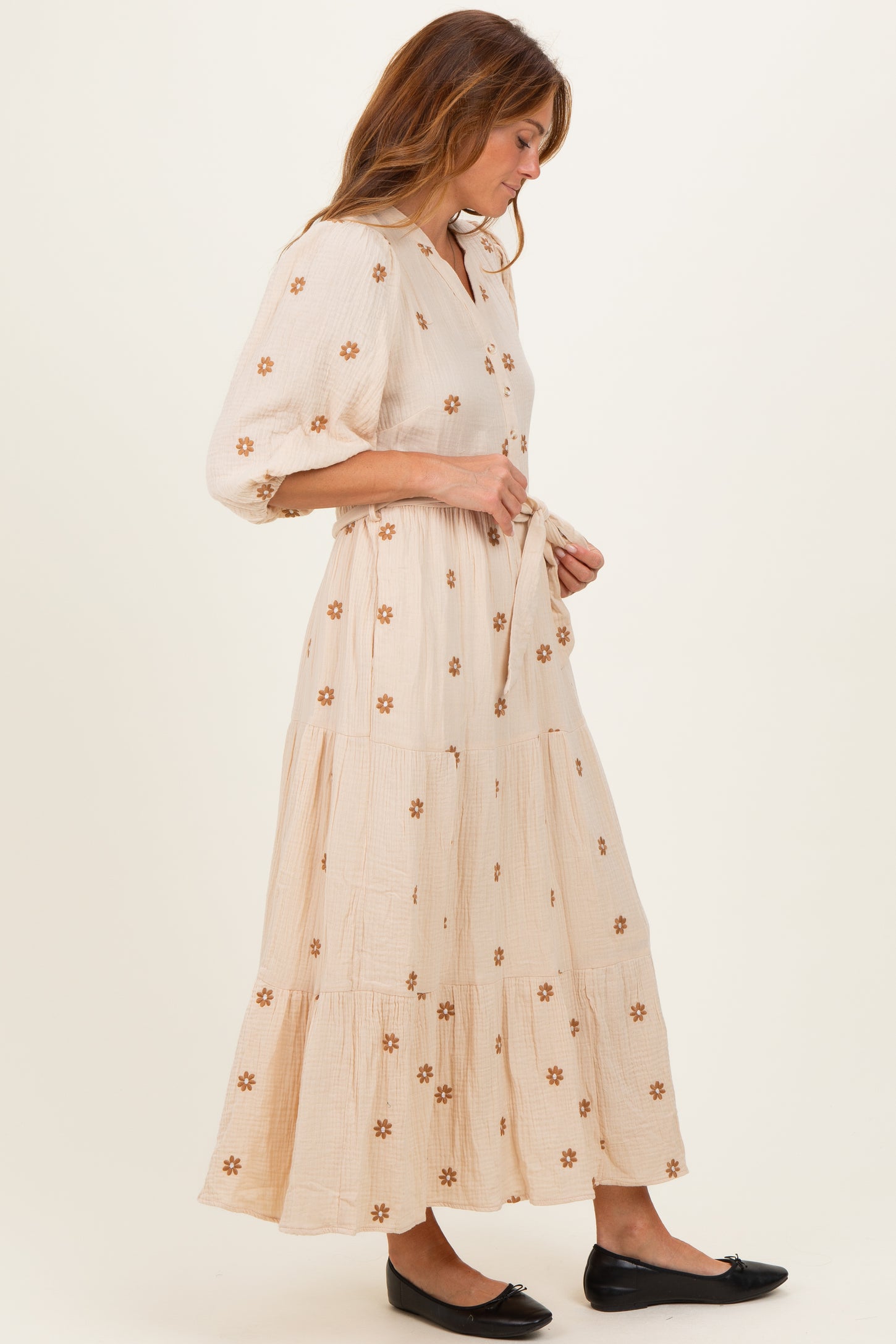 Brown Floral Cotton Gauze Tiered Midi Dress