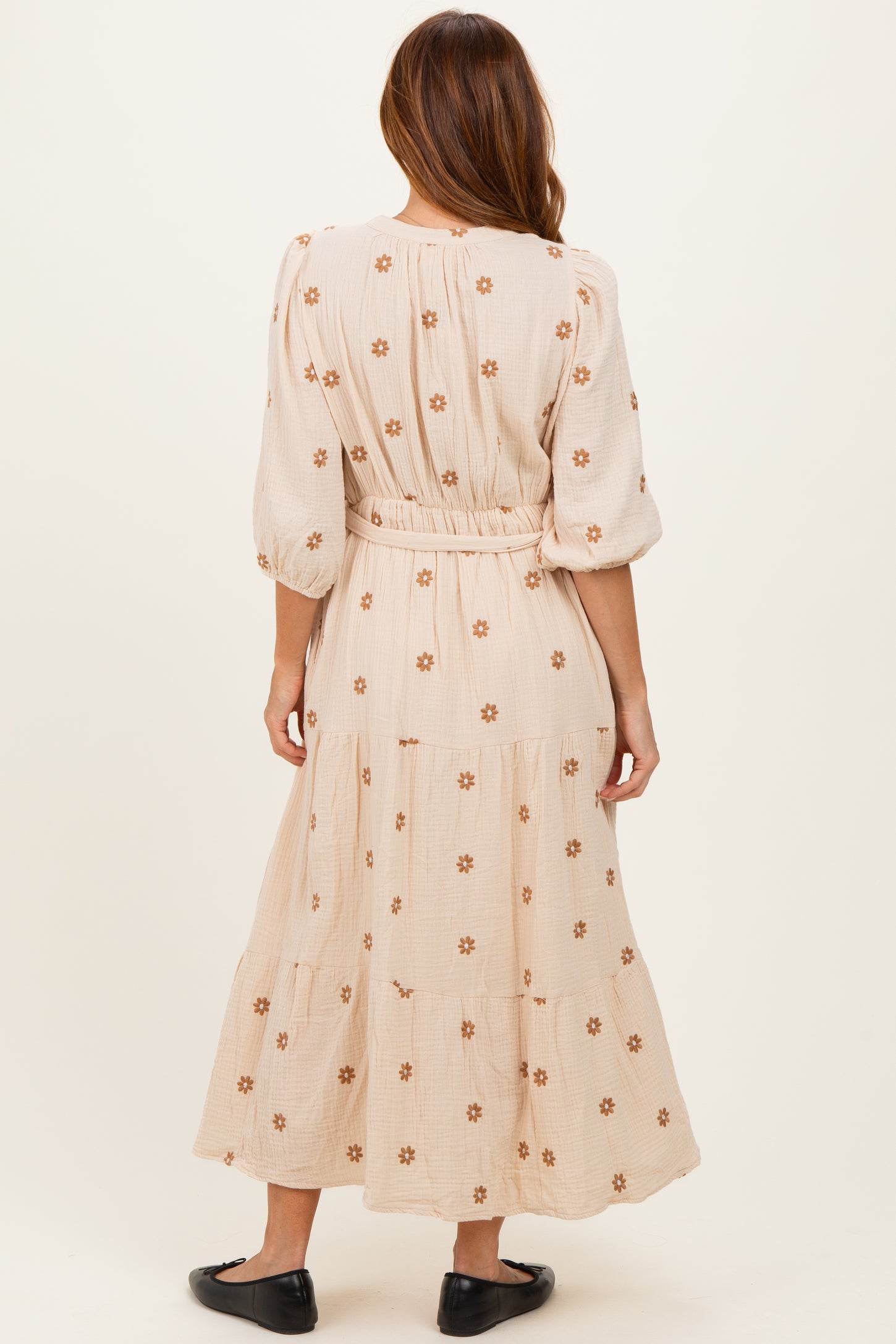 Brown Floral Cotton Gauze Tiered Midi Dress