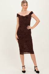 Brown Off Shoulder Ruched Mesh Maternity Midi Dress