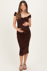Brown Off Shoulder Ruched Mesh Maternity Midi Dress