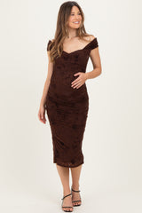 Brown Off Shoulder Ruched Mesh Maternity Midi Dress
