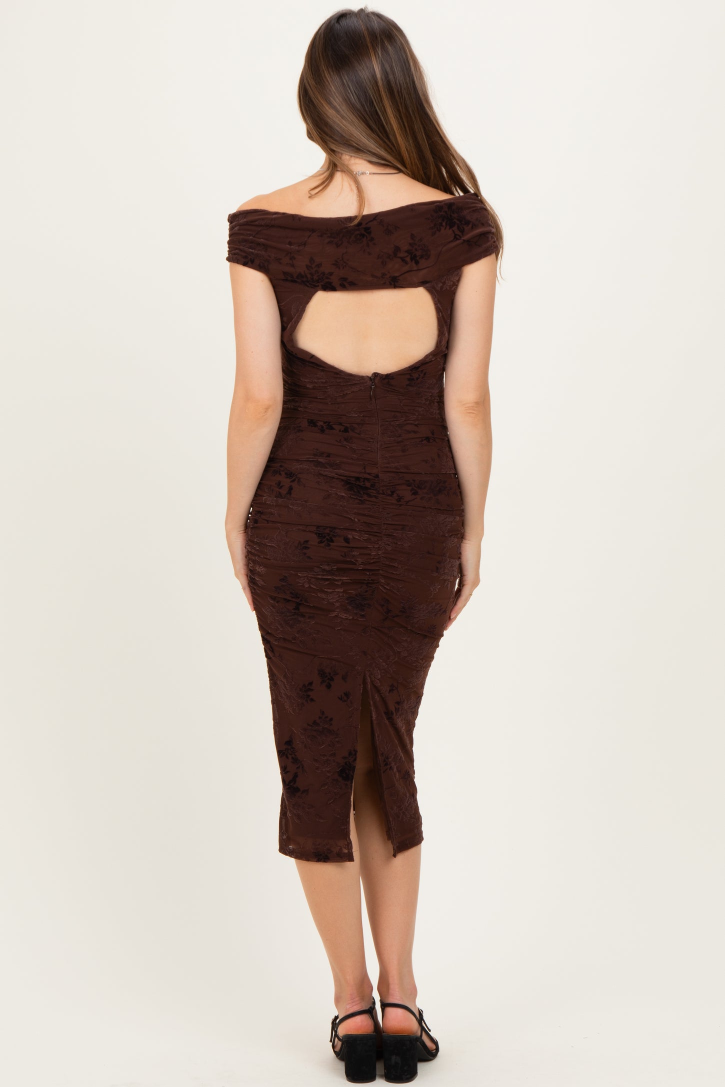 Brown Off Shoulder Ruched Mesh Maternity Midi Dress