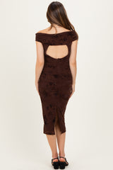 Brown Off Shoulder Ruched Mesh Maternity Midi Dress