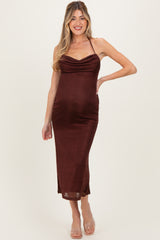 Burgundy Satin Halter Maternity Midi Dress