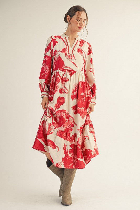 Cream/Red Big Floral Print Maternity Midi Dress