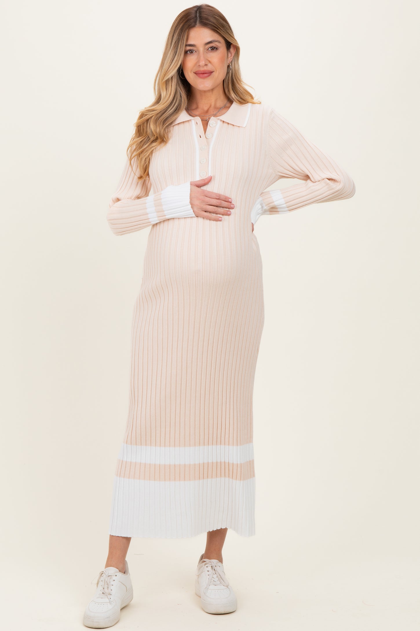 Cream Ribbed Knit Colorblock Polo Maternity Maxi Dress