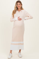 Cream Ribbed Knit Colorblock Polo Maternity Maxi Dress