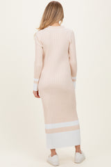 Cream Ribbed Knit Colorblock Polo Maternity Maxi Dress