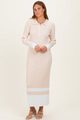 Cream Ribbed Knit Colorblock Polo Maxi Dress