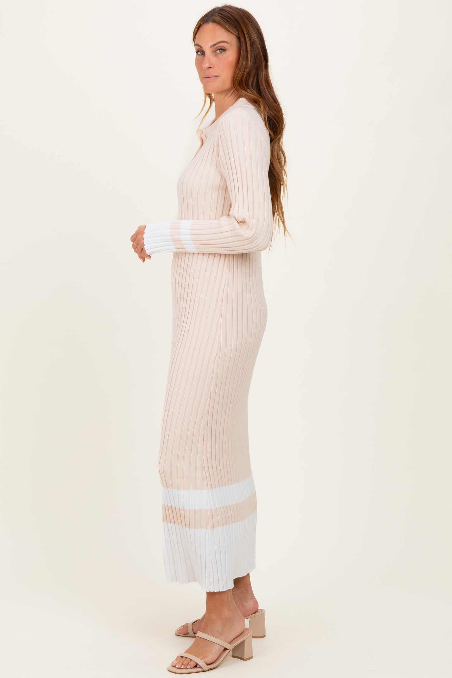 Cream Ribbed Knit Colorblock Polo Maxi Dress