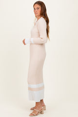 Cream Ribbed Knit Colorblock Polo Maxi Dress