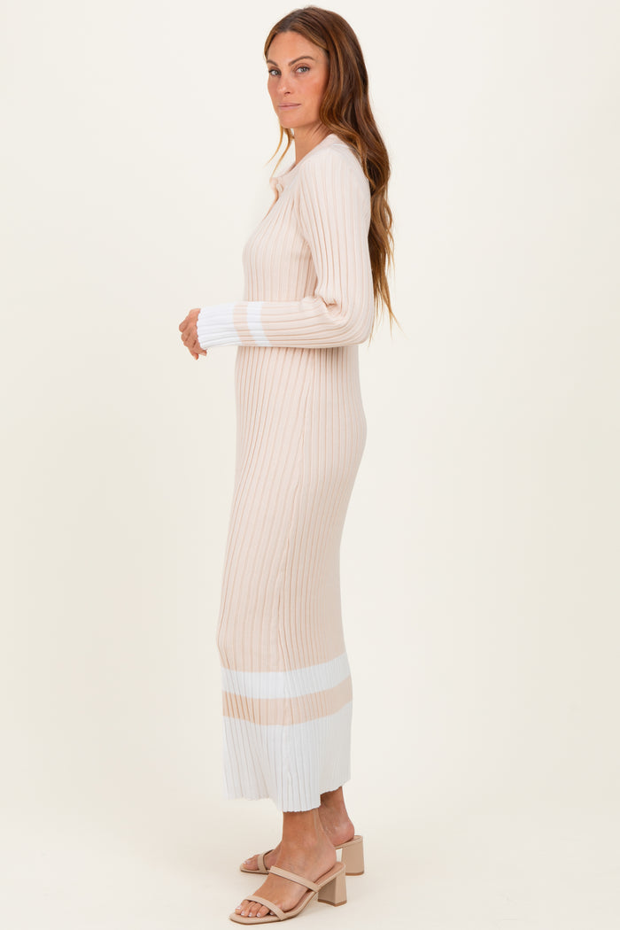 Cream Ribbed Knit Colorblock Polo Maxi Dress