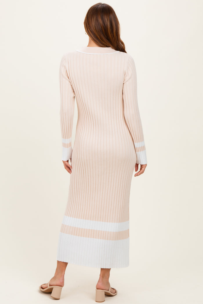 Cream Ribbed Knit Colorblock Polo Maxi Dress