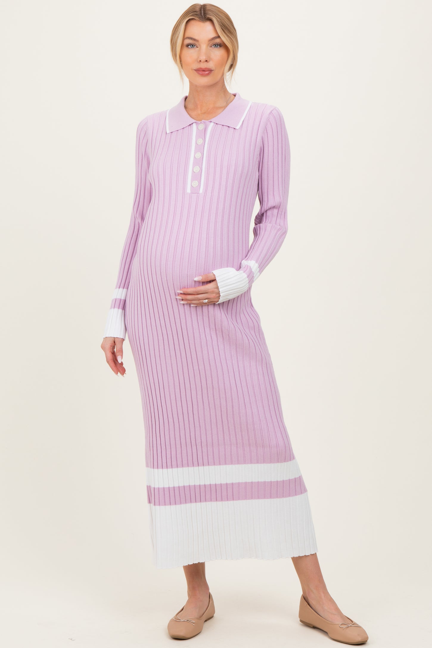 Lavender Ribbed Knit Colorblock Polo Maternity Maxi Dress
