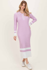 Lavender Ribbed Knit Colorblock Polo Maxi Dress