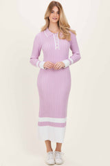Lavender Ribbed Knit Colorblock Polo Maxi Dress