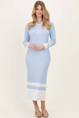 Light Blue Ribbed Knit Colorblock Polo Maxi Dress