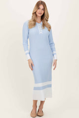 Light Blue Ribbed Knit Colorblock Polo Maxi Dress