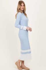 Light Blue Ribbed Knit Colorblock Polo Maxi Dress